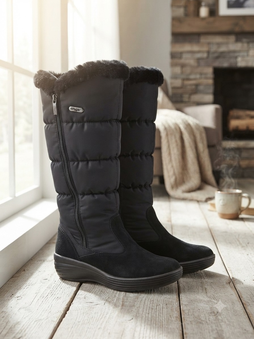 Women's Black Insulated Winter Boots with Faux Fur Trim